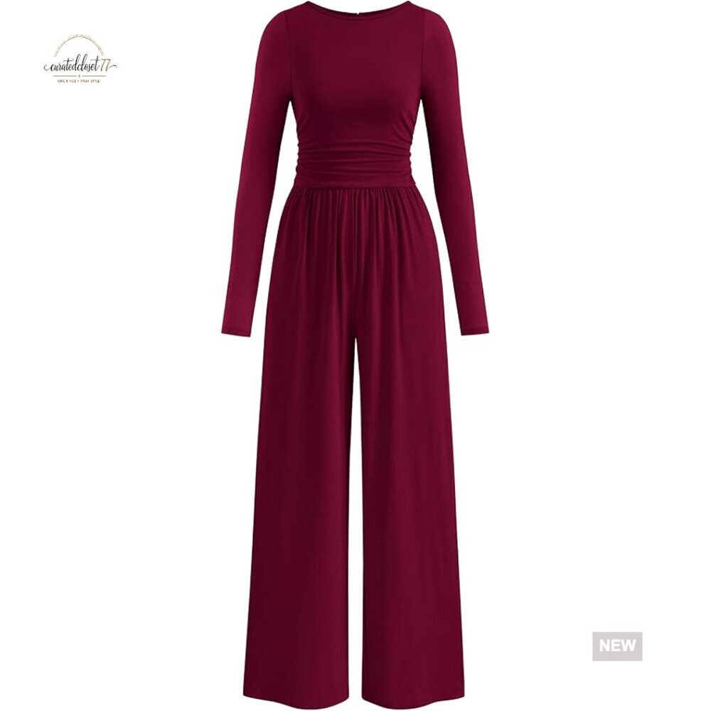 Long Sleeve Wide Leg Jumpsuit, Regular Fit, Floor Length, Machine Washable